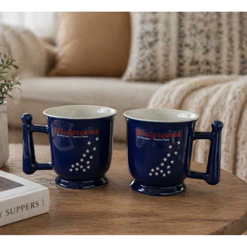 Walgreens Pharmacy VTG Drug Store Navy Blue 12oz Ceramic Coffee Mug x2 EUC